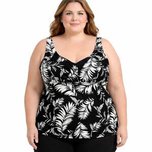 Swimsuits For All Size 28 Tankini Top Black Palm Leaf